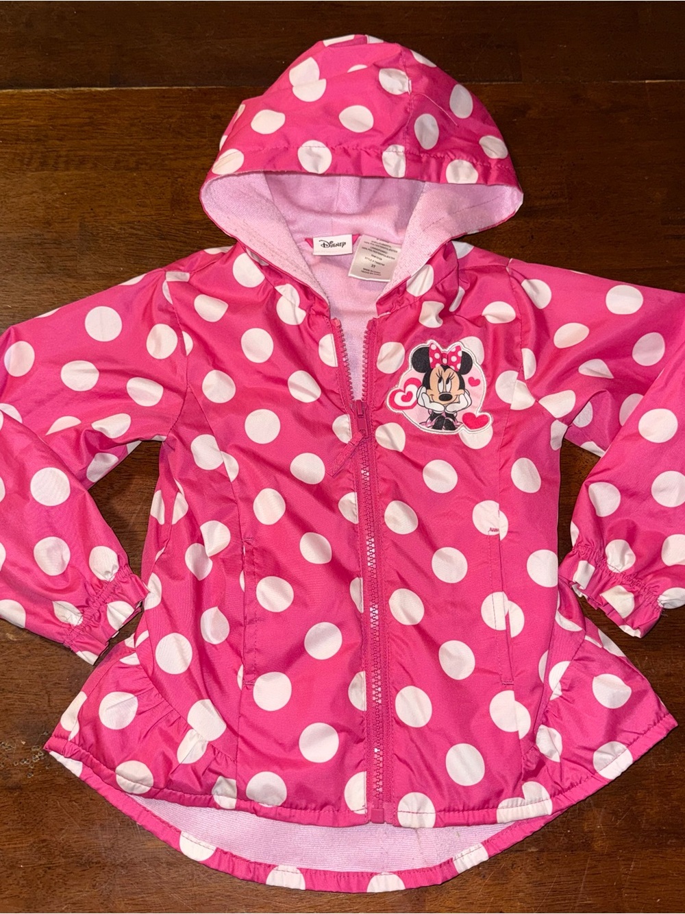 Disney Minnie Mouse Pink Polka Dot Hooded Jacket Full Zip Rain Jacket 3T